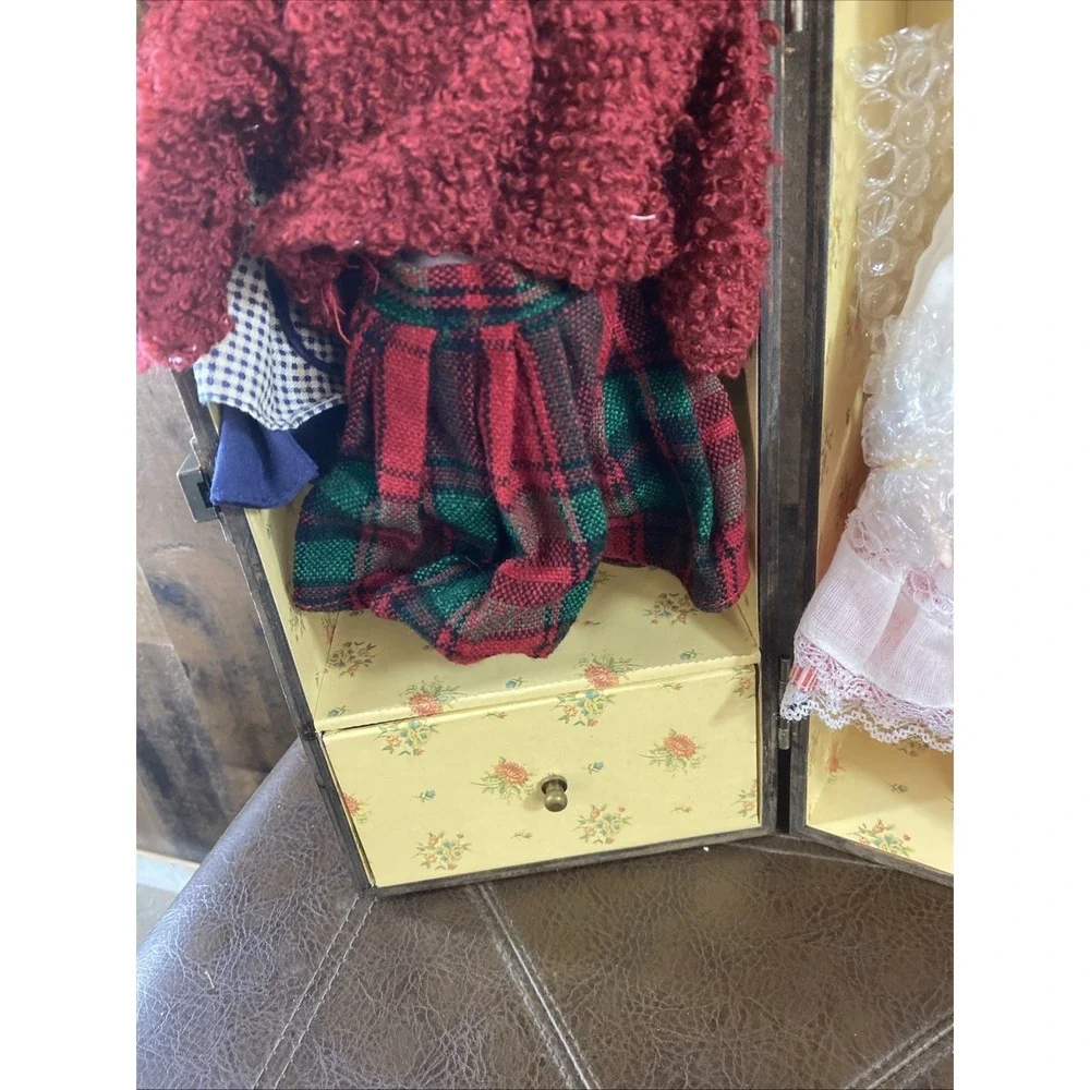 Vintage Porcelain Doll with Wooden Traveling Trunk With 3 Outfits